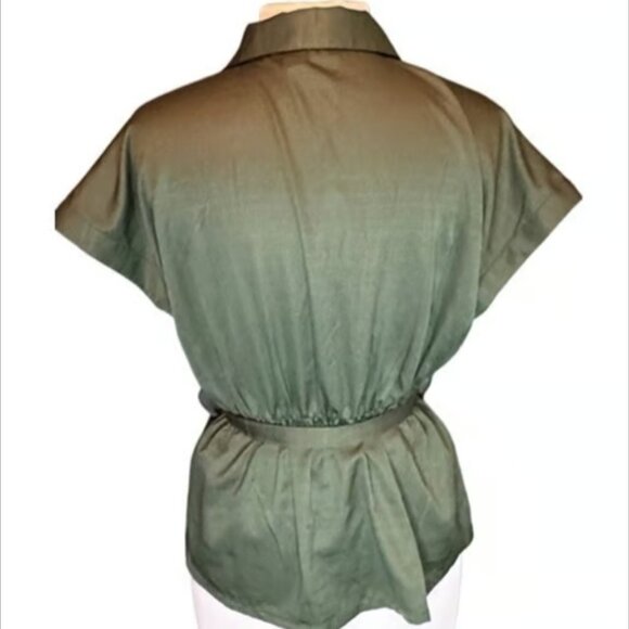 Luna Skies Button-Up Blouse Short Sleeve Utility Safari Olive Green Top Small - Picture 2 of 8
